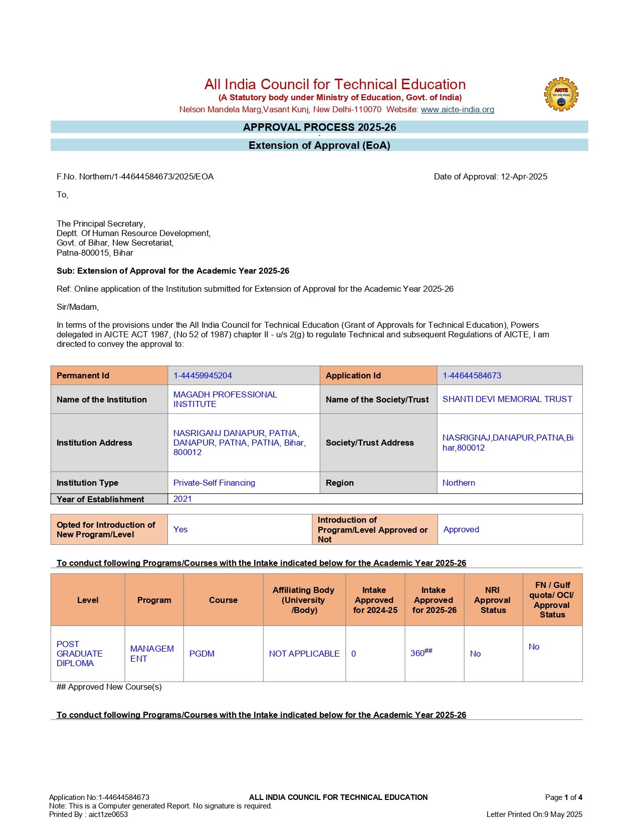 AICTE Approval Letter